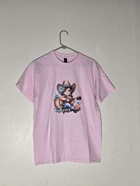 Pink Short Sleeve Graphic Tee with Cowgirl Guitar Art
